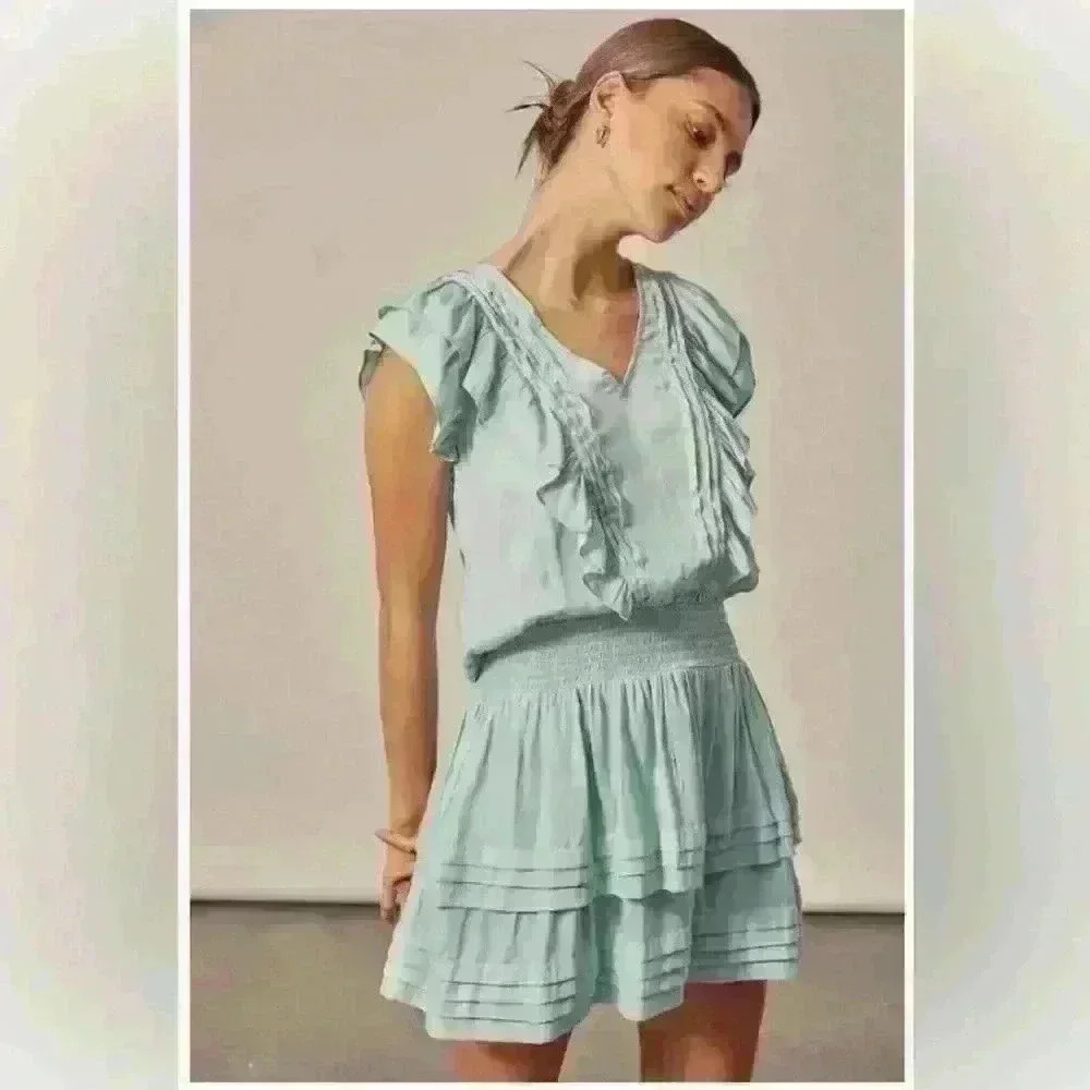 Mustard Seed Mini Dress Size M Pleated Detail Mint Green Woven Casual Boho Silky